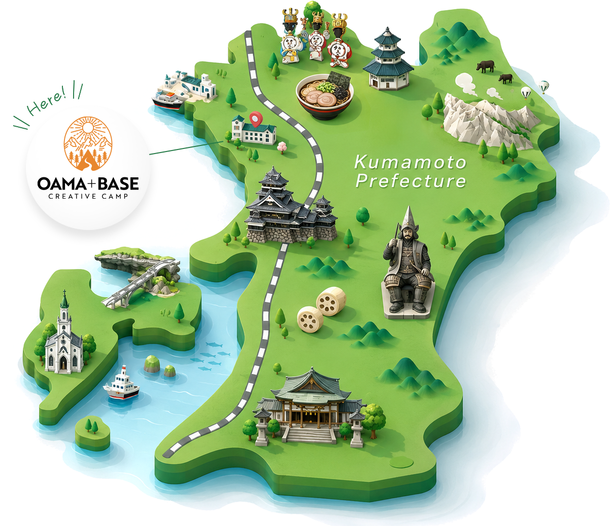 OAMA+BASEの場所を示す熊本県のイラストマップ